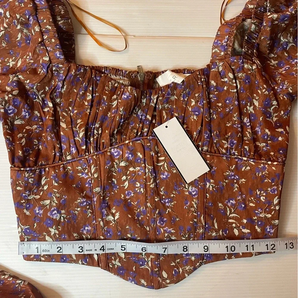 ASTR The Label Penny Floral Puff Sleeve Brown Purple Top Size S